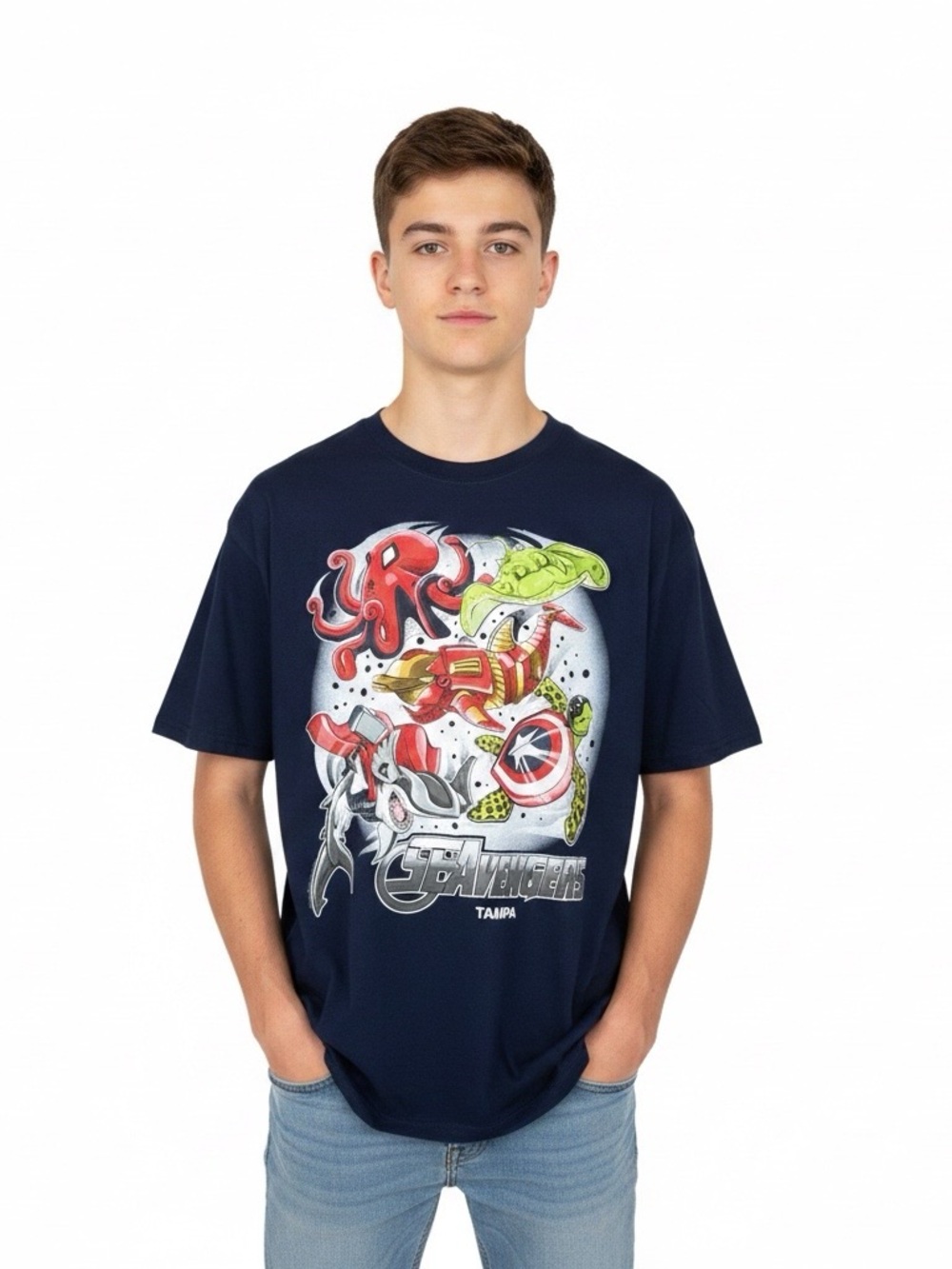 Youth Gildan Seavengers Tampa Graphic TShirt size large 14 16 navy blue cotton